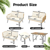Senfot 6 Pieces Outdoor Patio Furniture Set with Table, All-Weather Boho Wicker Rattan Patio Sectional L-Shaped Sofa, Metal Frame, Detachable Cushions, for Patio, Balcony, Backyard, Deck, Beige Senfot