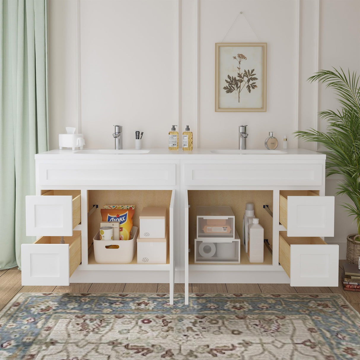 Vanity Art 72 Inch Bathroom Vanity with 2-Door 4-Drawer, Wood Bathroom Vanity Cabinet with Soft Closing Drawer, Floor Mounted White Cabinet Without Top VA4072-LRW Vanity Art