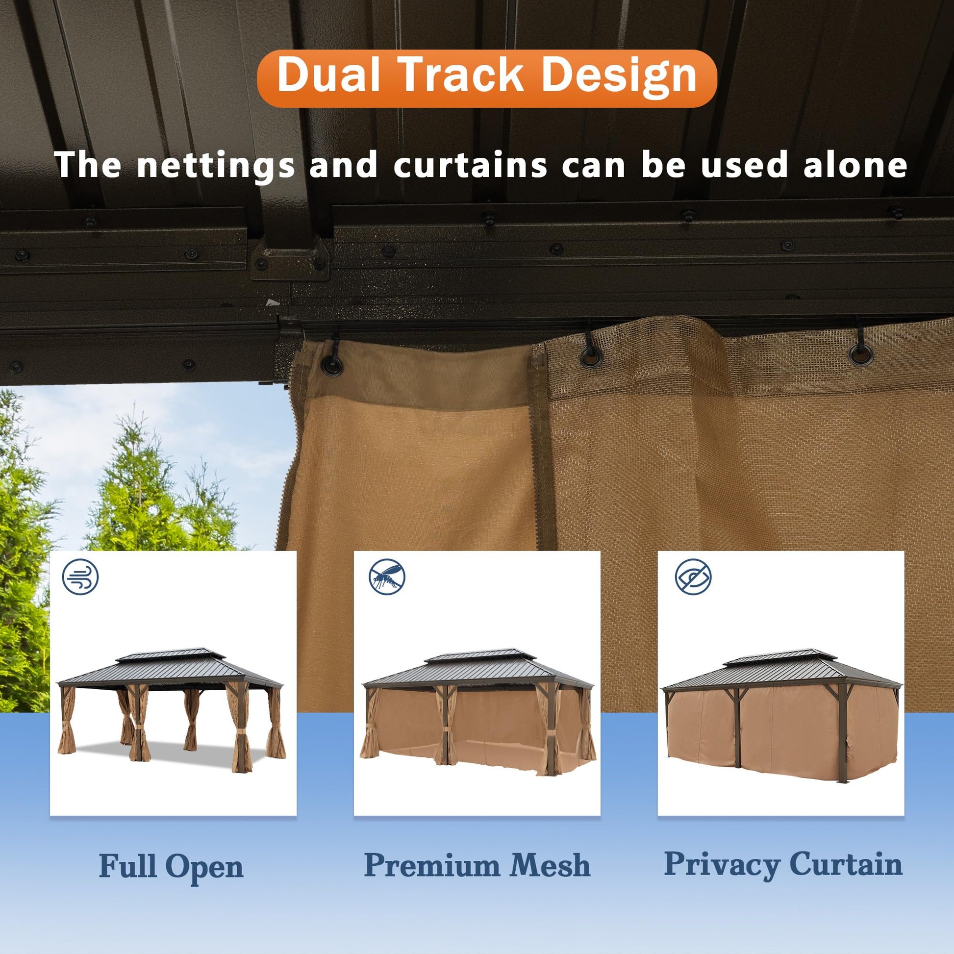 NOBLEMOOD 12' x 20' Outdoor Hardtop Gazebo with Curtain and Netting, All Weather Patio Gazebos with Metal Hard Top Roof for Backyard Deck Garden - WoodArtSupply