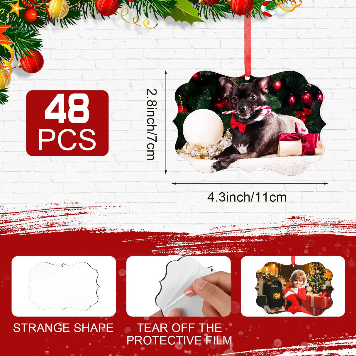 48 Pcs 4.3" x 2.8" Christmas Sublimation Ornament Blanks MDF Board Personalized Sublimation Printing Hanging Ornaments Christmas Ornaments Double Sided Heat Transfer Pendant with Rope for DIY Decor Yookeer