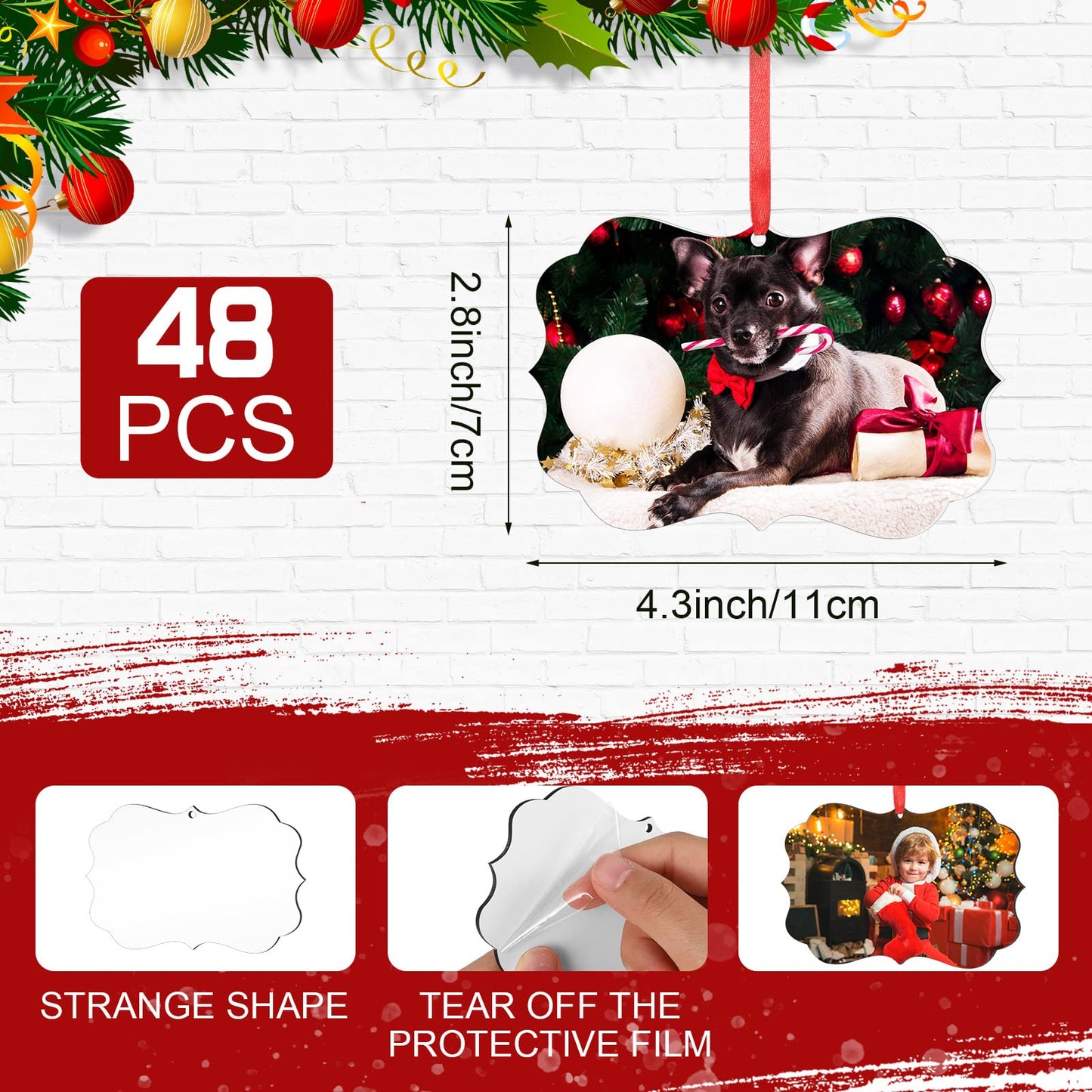 48 Pcs 4.3" x 2.8" Christmas Sublimation Ornament Blanks MDF Board Personalized Sublimation Printing Hanging Ornaments Christmas Ornaments Double Sided Heat Transfer Pendant with Rope for DIY Decor