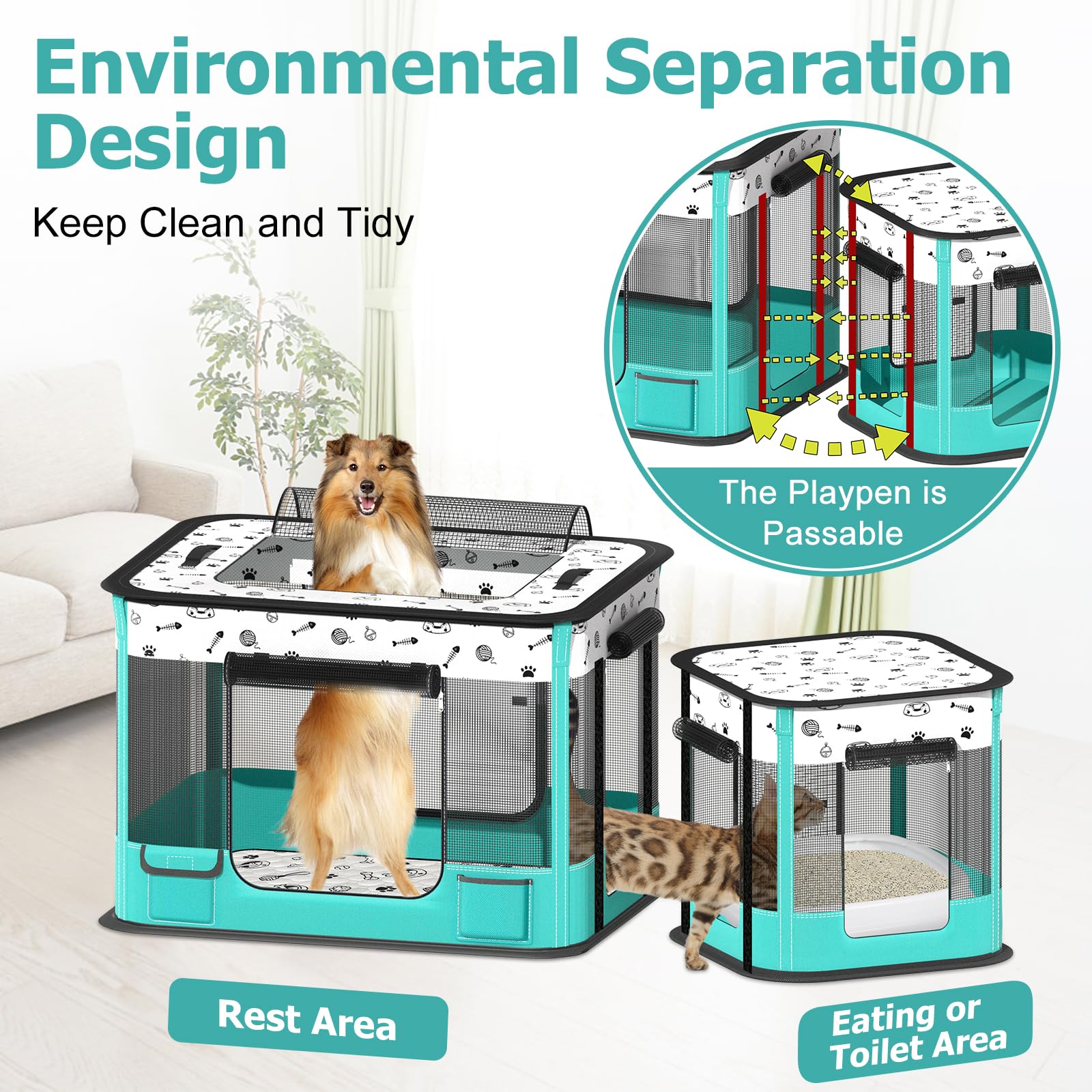 BUFOR Portable Cat Playpen, Foldable Pet Dog Playpen with Pet Pee Pad, (Indoor/Outdoor) for Kitten Puppy Play Pen, Collapsible Cats Enclosure Cages Tent with Carrying Case, 600D Oxford, 32"x2 - WoodArtSupply