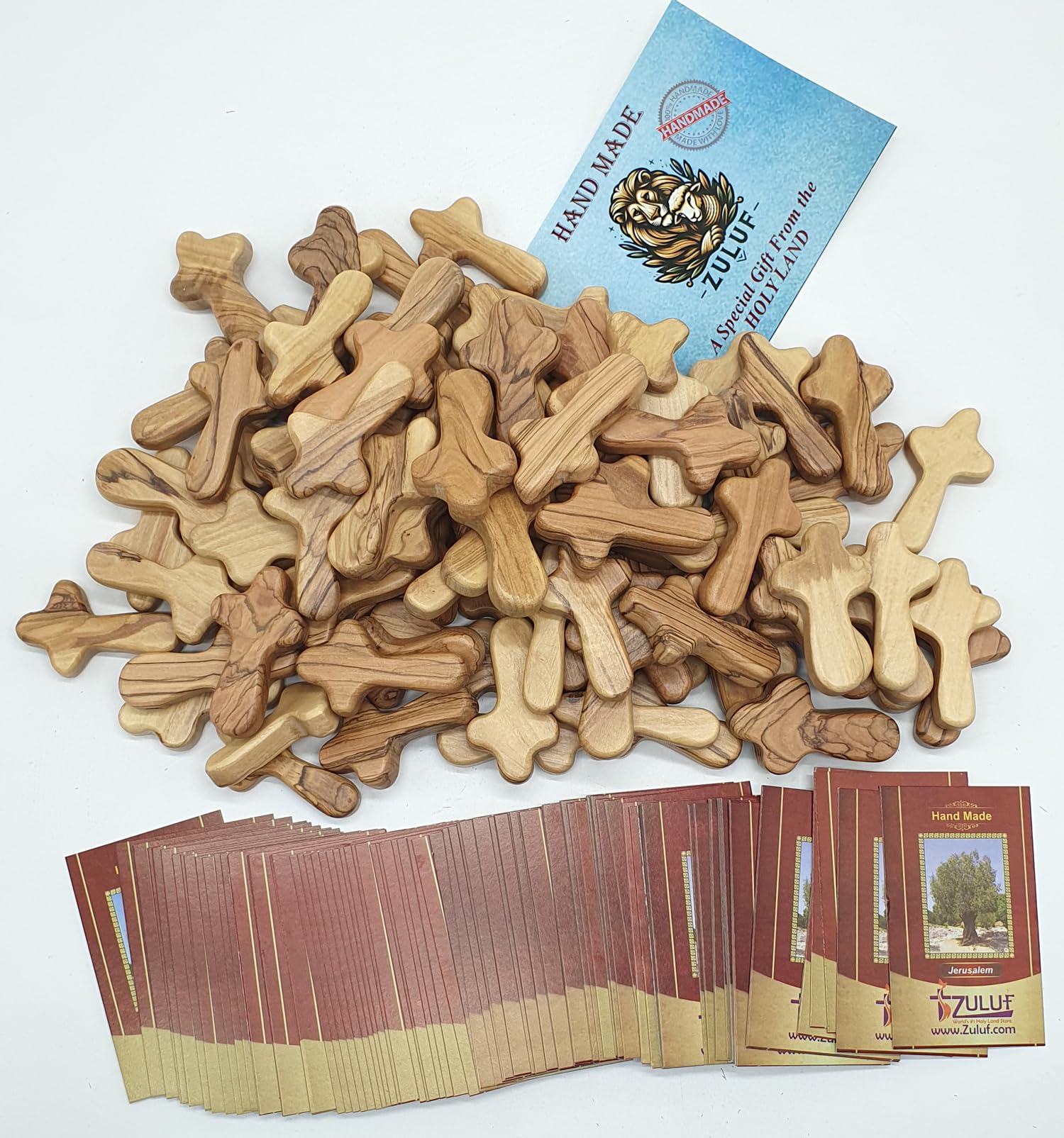 Zuluf 100 Small Olive Wood Comfort Crosses from Bethlehem Israel | Pocket Holding Crosses | Comes With 100 Holy Land Certificates 6cm / 2.5 Inch Each Cross - CRS301 - WoodArtSupply