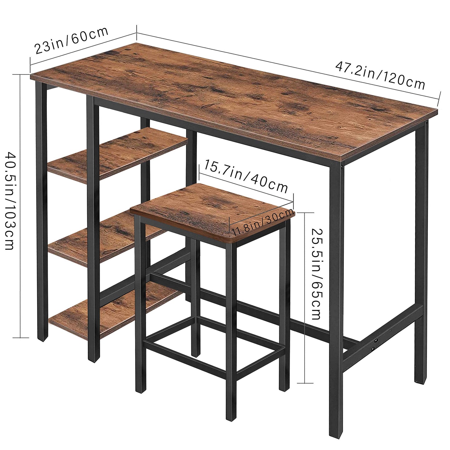 MUPATER Rustic Brown High Industrial Bar Dining Table Set with Storage Shelves and Stools