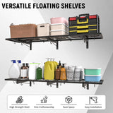 2 Pack Garage Wall Shelves, 46"X 12.5" Garage Shelving Wall Mounted, Heavy Duty Shelf Organizer with 8 Hooks, Black Floating Storage Metal Rack 320 LBS Capacity for Laundry Room, Office, Basement Riciakik