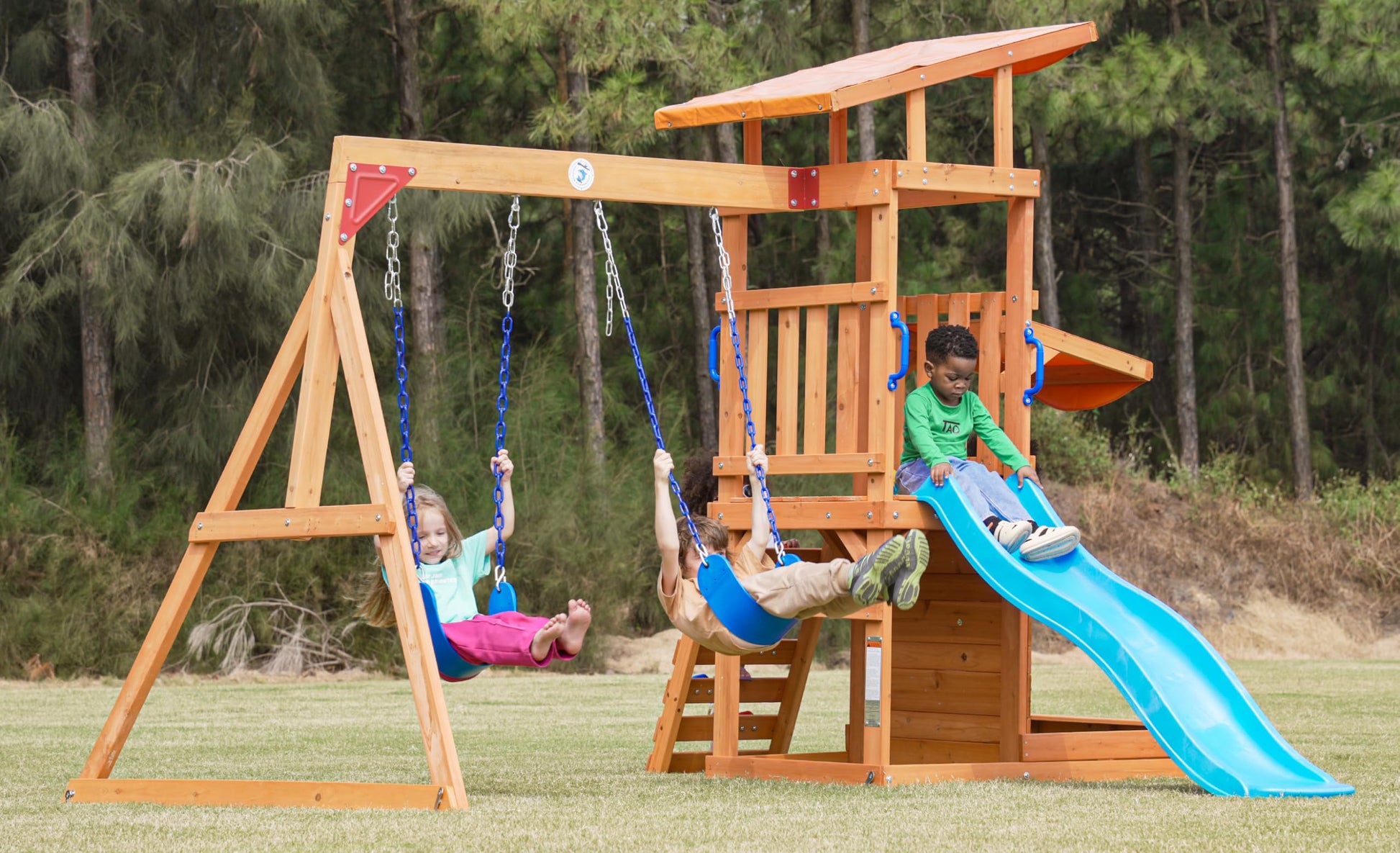 Dolphin Playground Outdoor Wooden Swing Sets for Backyard with Slide, Playground Sets for Backyards with Sandbox, Rock Climbing Wall, and 2 Belt Swings, Outdoor Playset for Kids Ages 3-6 - WoodArtSupply