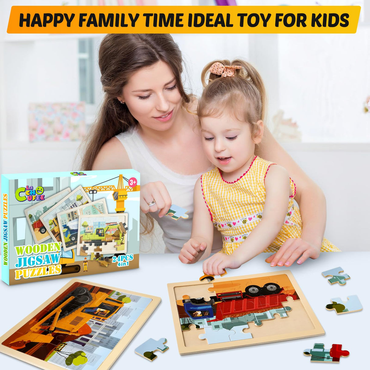 Wooden Vehicle Puzzles for Kids Age 3 4 5 Year Old, 4 Pack 24 Pcs Montessori Toddler Jigsaw Puzzles for Girl boy Activities Preschool Learning Educational Birthday Gift Travel Autistic Wooden Toys LACCHOUFEE