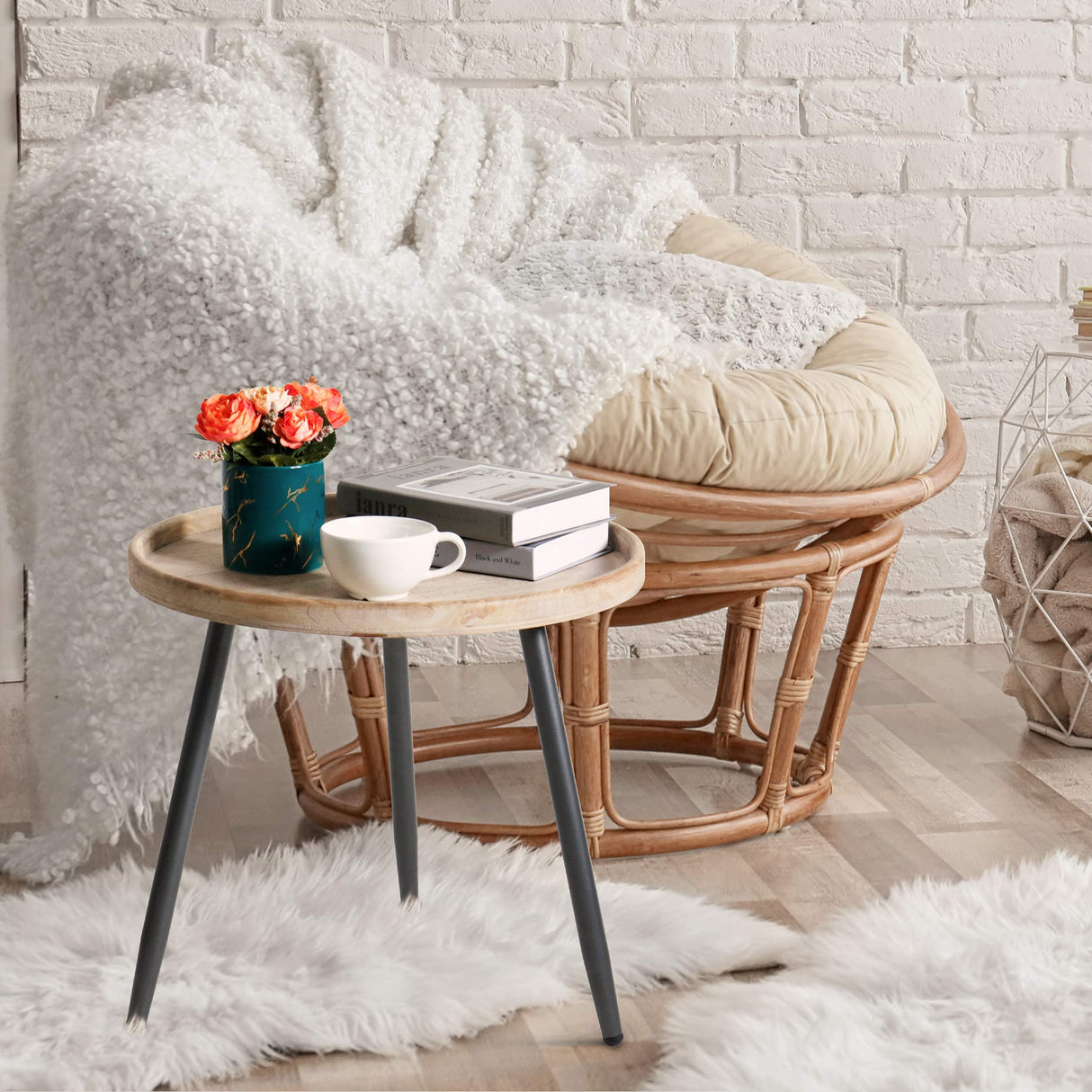 LITA Log Desktop Round Side End Table, Indoor Outdoor Wooden Tray Nightstand Table with Metal Stand for Living Room Bedroom Office Small Spaces (M) LITA