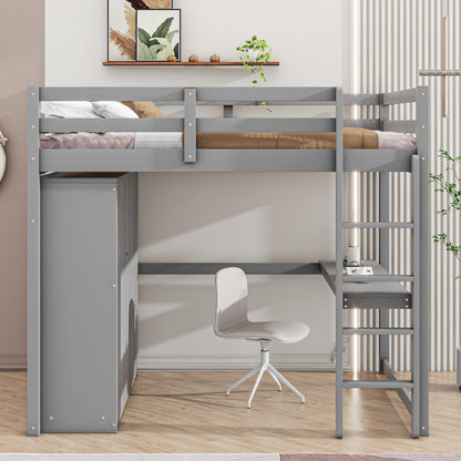 Harper & Bright Designs Full Size Grey Loft Bed with Wardrobe, Desk, and Storage Solutions - WoodArtSupply