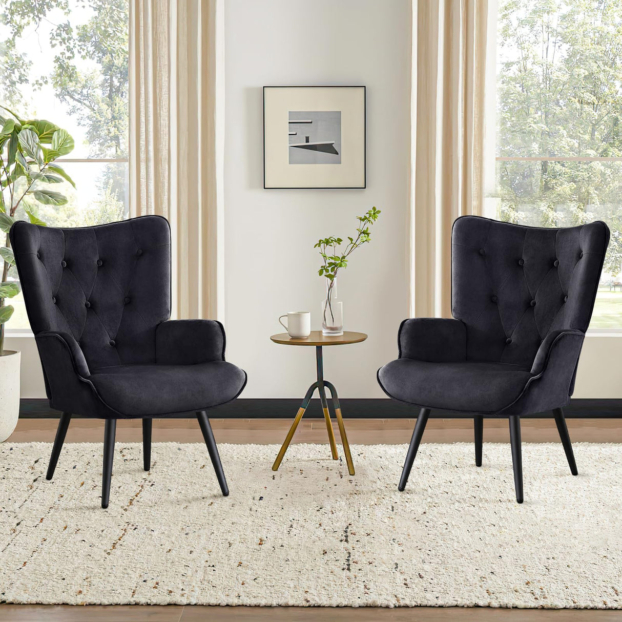 Furniliving Boucle Accent Chair for Living Room, Upholstered Reading Chair with High Backrest, Tufted-Button Wingback Armchair for Bedroom, Dressing Room, Home Office, Black Furniliving