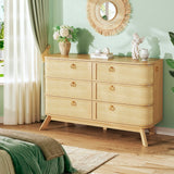 HUAHUU 6 Drawer Rattan Dresser for Bedroom, 43'' Fluted Modern Wooden Dresser with Metal Handles&Wood Legs, Curved Profile Design, Boho Chest of Drawers for Bedroom, Living Room, Natural HUAHUU