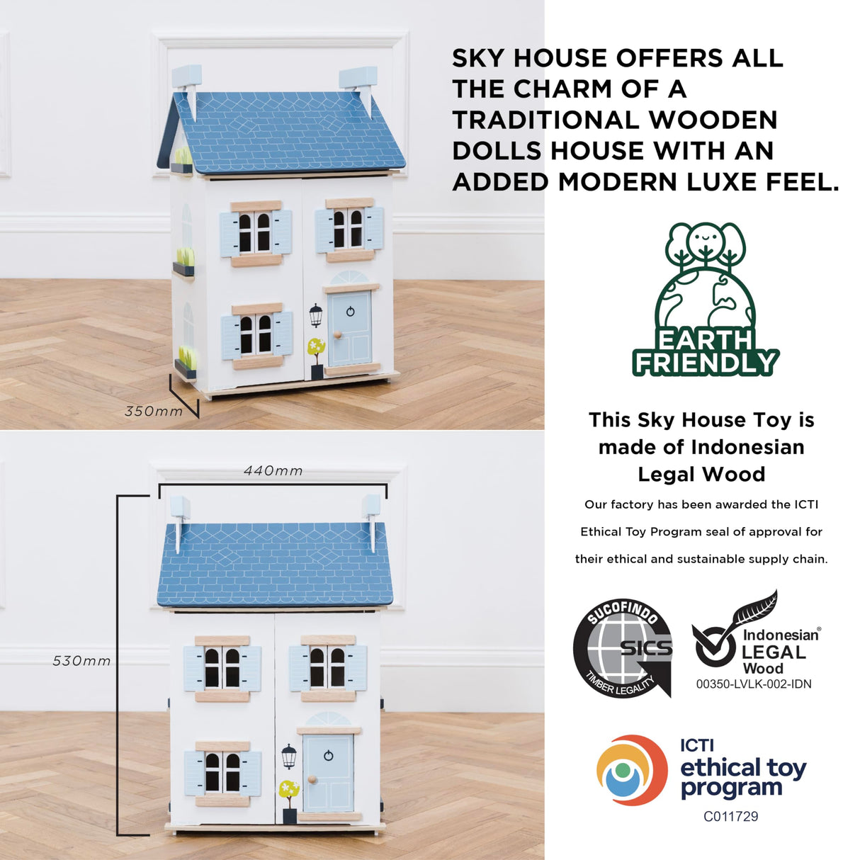 Le Toy Van - Wooden- Sky Doll House - Kids Dream House - 2 Storey with Attic - Fill with Dollhouse Accessories - Suitable for Ages 3+ Le Toy Van