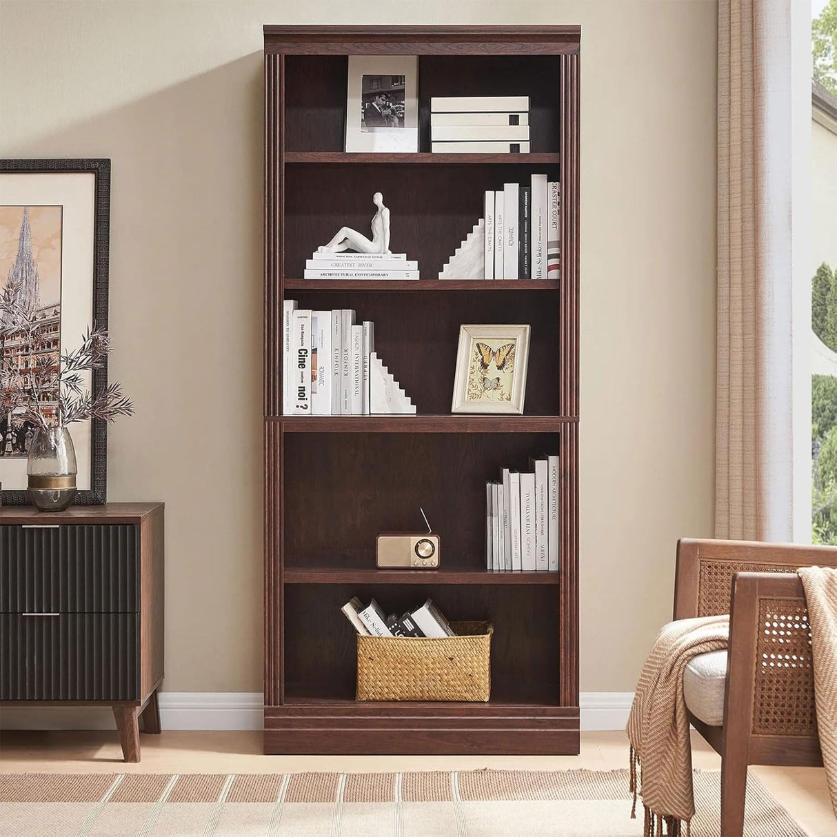 JAHRSTIM Halston Standard Bookcase, Adjustable Storage Open Display Shelving Unit for Home and Office Space, 31.49”L x 13.77”W x 72.8”H, Dark Cherry JAHRSTIM