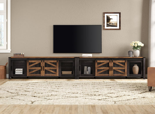 WAMPAT Farmhouse TV Stand for 100 Inch TV with Sliding Barn Door, Set of Two Modern Wood Entertainment Center with Storage Cabinets, Media Console Table for Living Room Bedroom，Dark Walnut and Black