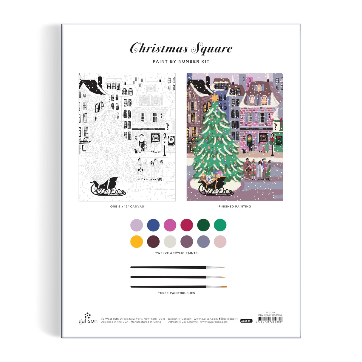 Galison Joy Laforme Christmas Square – DIY 9 x 12 Paint by Number Kit with Stunning Christmas Art for Beginners and Experts Includes Paint and Brushes Galison