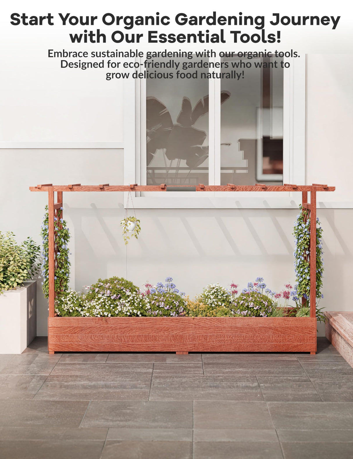 Hipicute Elevated Garden Bed with Arch Trellis & Hanging Roof for Vine Climbing Plants, Wood Planter Box with Hanging Roof, Side Trellis, 4 Drainage Holes,Above Ground Raised Garden Bed, 79"x17"x45" Hipicute