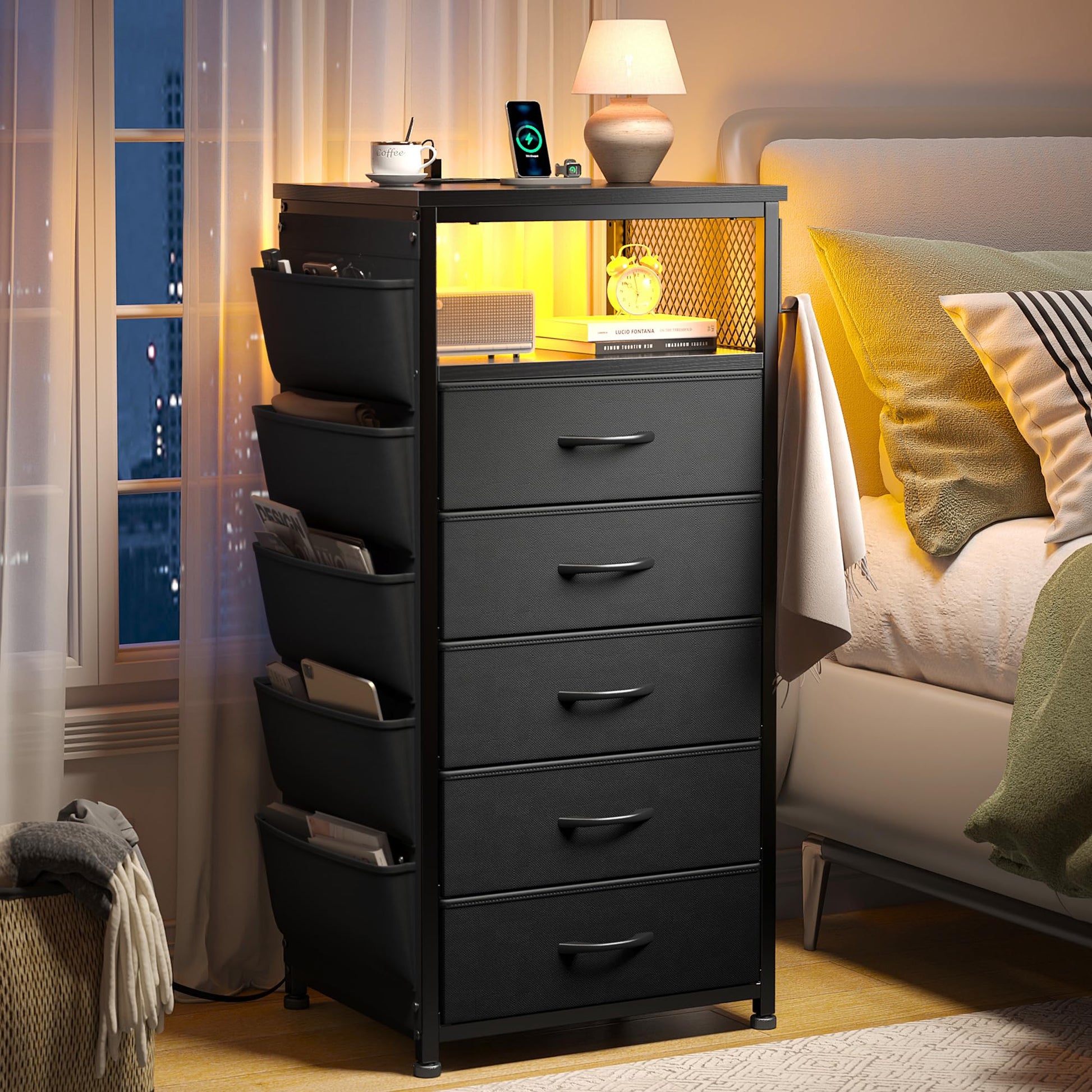 EnHomee Nightstand with Charging Station, Tall Night Stand with 5 Dresser Drawers, LED Nightstands with USB Ports & Outlets, Black Night Stand with Side Bag, Night Stands with Storage Shelf,  - WoodArtSupply