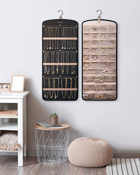 BAGSMART Hanging Jewelry Organizer, Necklace Holder Anti-tangle Earrings Rings Hanger with 20 Jewelry Bags Travel Storage Roll with Pockets Hang on Closet, Wall, Door,1 Piece, Large, Black BAGSMART