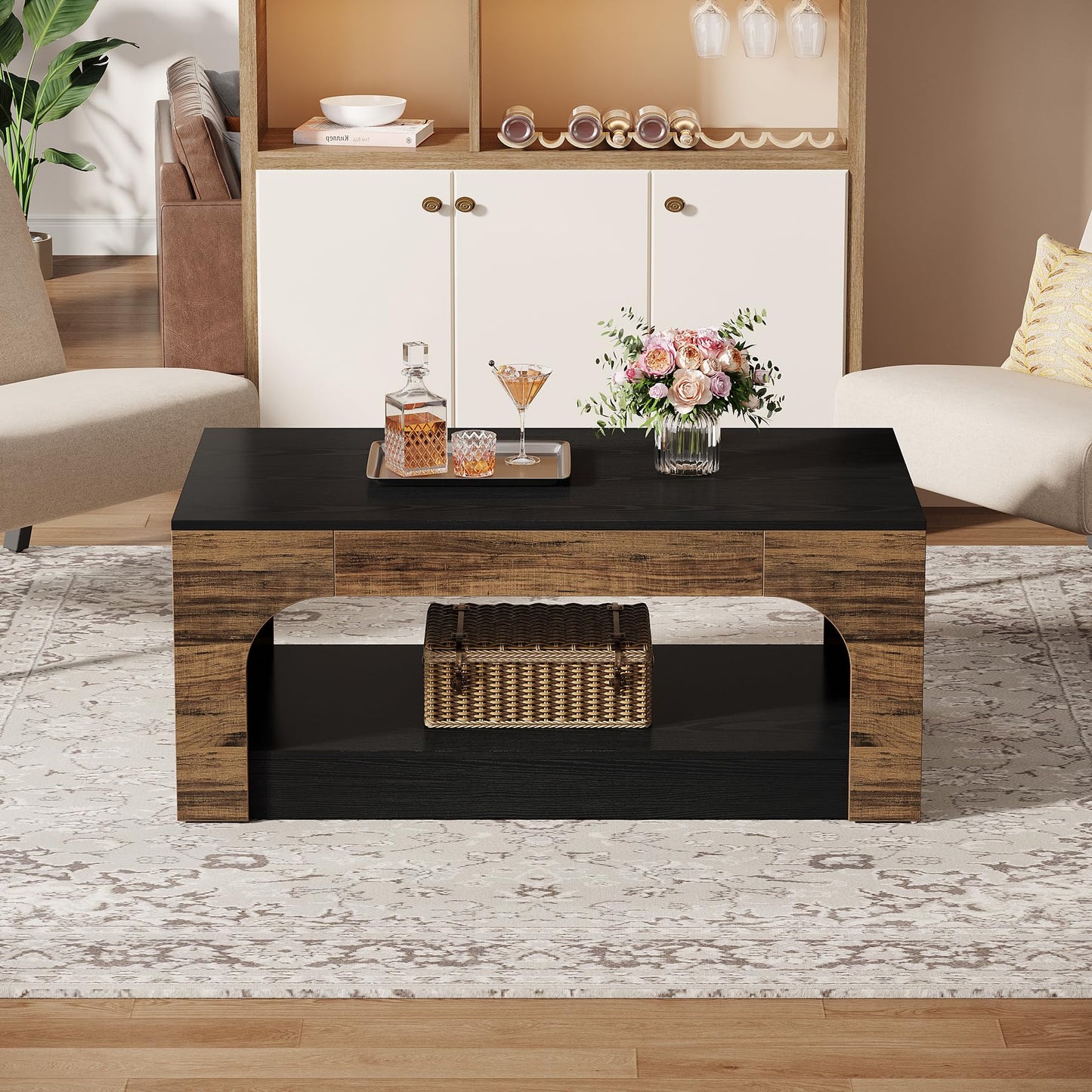 Tribesigns Coffee Table with Storage, 2-Tier Wood Coffee Table Center Table for Living Room, Mid-Century Modern Coffee Table, Rectangle Coffee Table, Minimalist Coffee Table, Rustic Brown and - WoodArtSupply