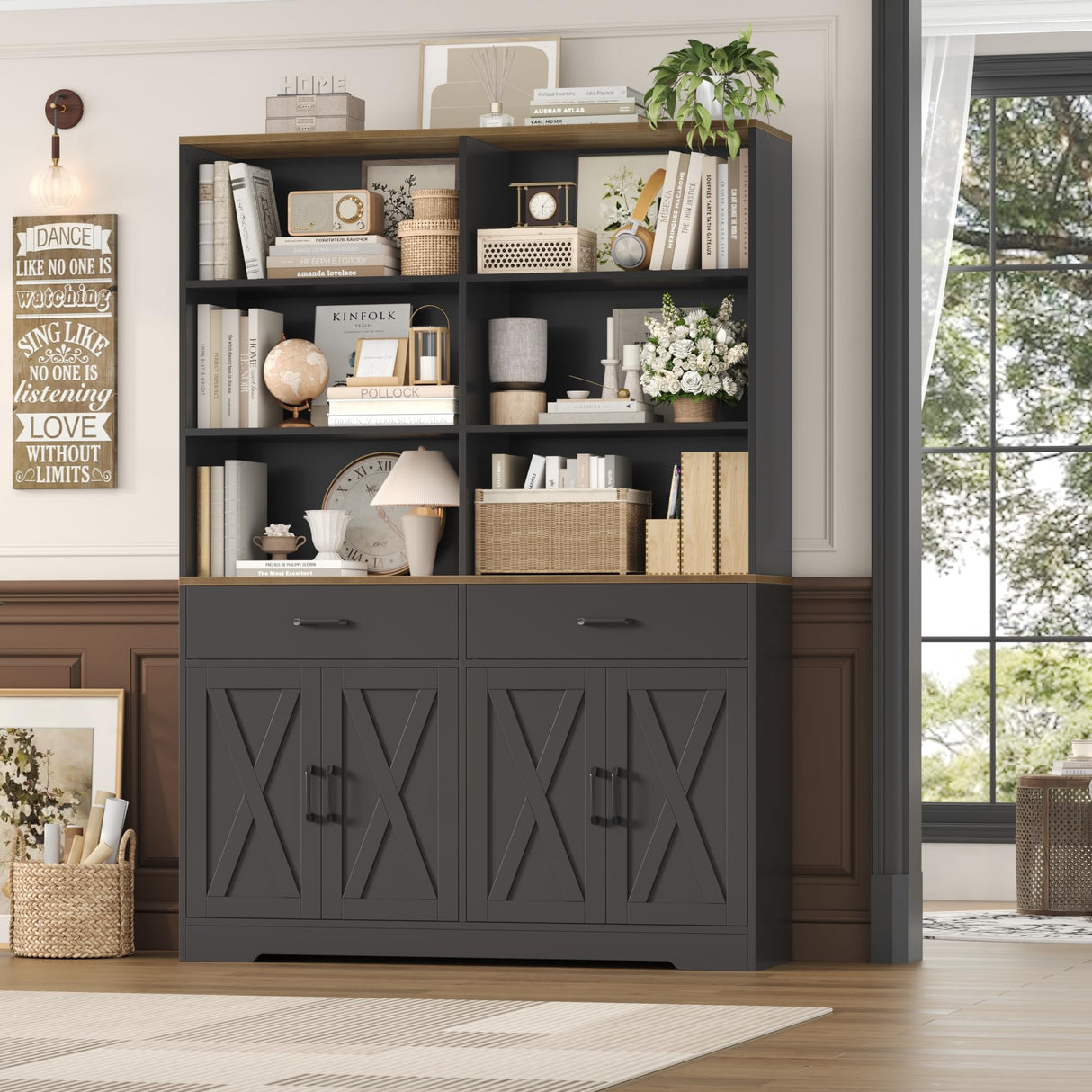 HOSTACK 69" Tall Book Shelf and Bookcase, Wooden Bookcase with Doors, Large Bookshelf with Drawers, Farmhouse Book Case with Storage Cabinet, Bookshelves with Display Shelves for Home Office, Black HOSTACK