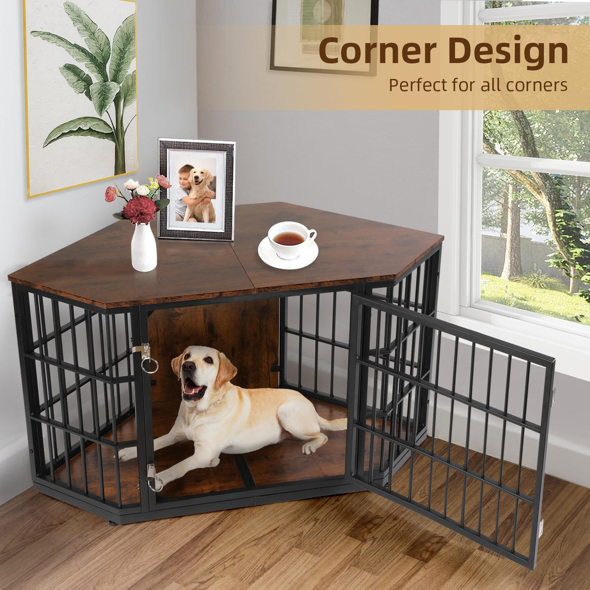 VOWNER 52 Inch Dog Crate Furniture Corner, Wooden Dog Kennel Furniture, End Table Dog Crate for Large Dogs, Indoor Pet Crates Corner Side Table for Dogs, Wide Top Perfect for Limited Room, Brown VOWNER