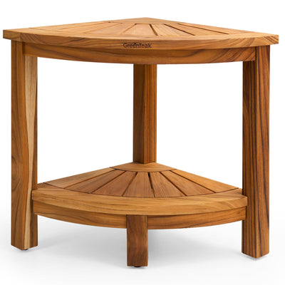 GREENTEAK Premium 15.7" Corner Shower Stool with Storage Shelf, Waterproof Teak Shower Stool for Shaving Legs and to Sit On, 2-Tier Shower Stool, Teak Shower Bench for Bathroom, 300 Lbs Capacity