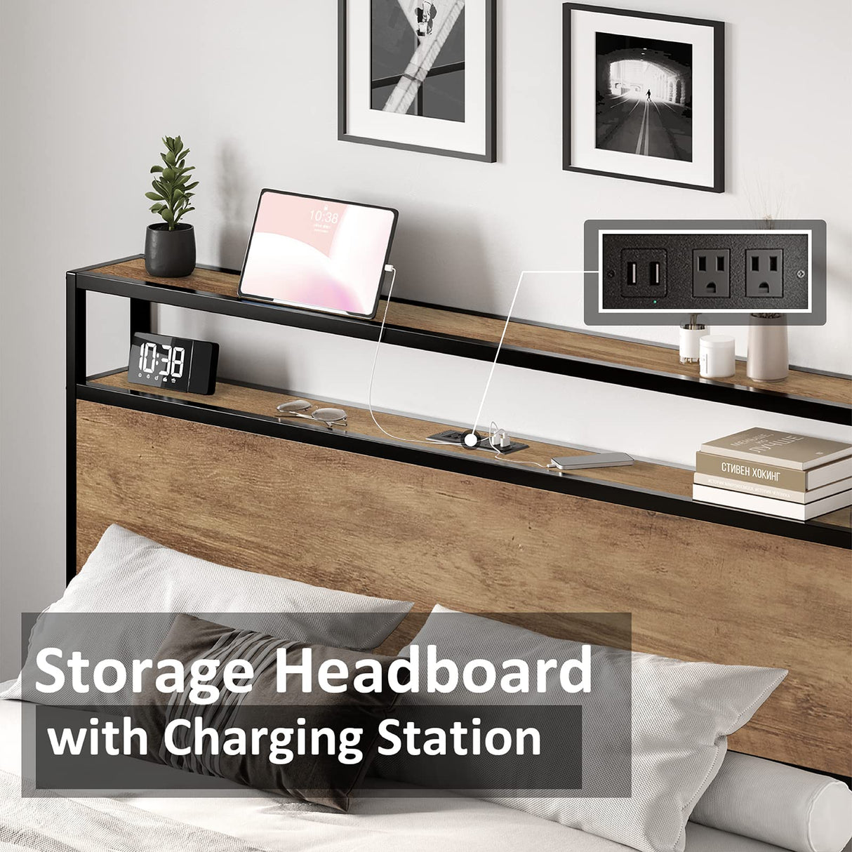 AMERLIFE Queen Size Bed Frame Industrial Platform Bed with Charging Station, 2-Tier Storage Headboard/No Box Spring Needed/Noise-Free/Rustic Brown AMERLIFE