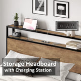 AMERLIFE Queen Size Bed Frame Industrial Platform Bed with Charging Station, 2-Tier Storage Headboard/No Box Spring Needed/Noise-Free/Rustic Brown AMERLIFE