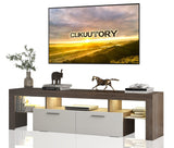 Clikuutory Modern LED TV Stand with Large Storage Drawer for up to 75 Inch TVs, Brown and White Doors, Wood Farmhouse TV Console with Glossy Entertainment Center for Living Room, Bedroom Clikuutory