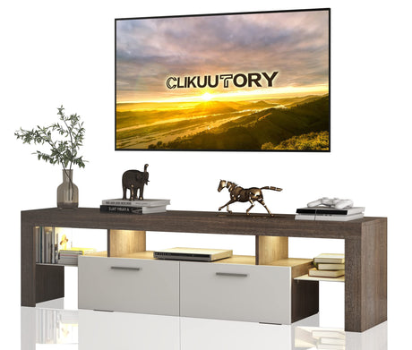 Clikuutory Modern LED TV Stand with Large Storage Drawer for up to 75 Inch TVs, Brown and White Doors, Wood Farmhouse TV Console with Glossy Entertainment Center for Living Room, Bedroom Clikuutory