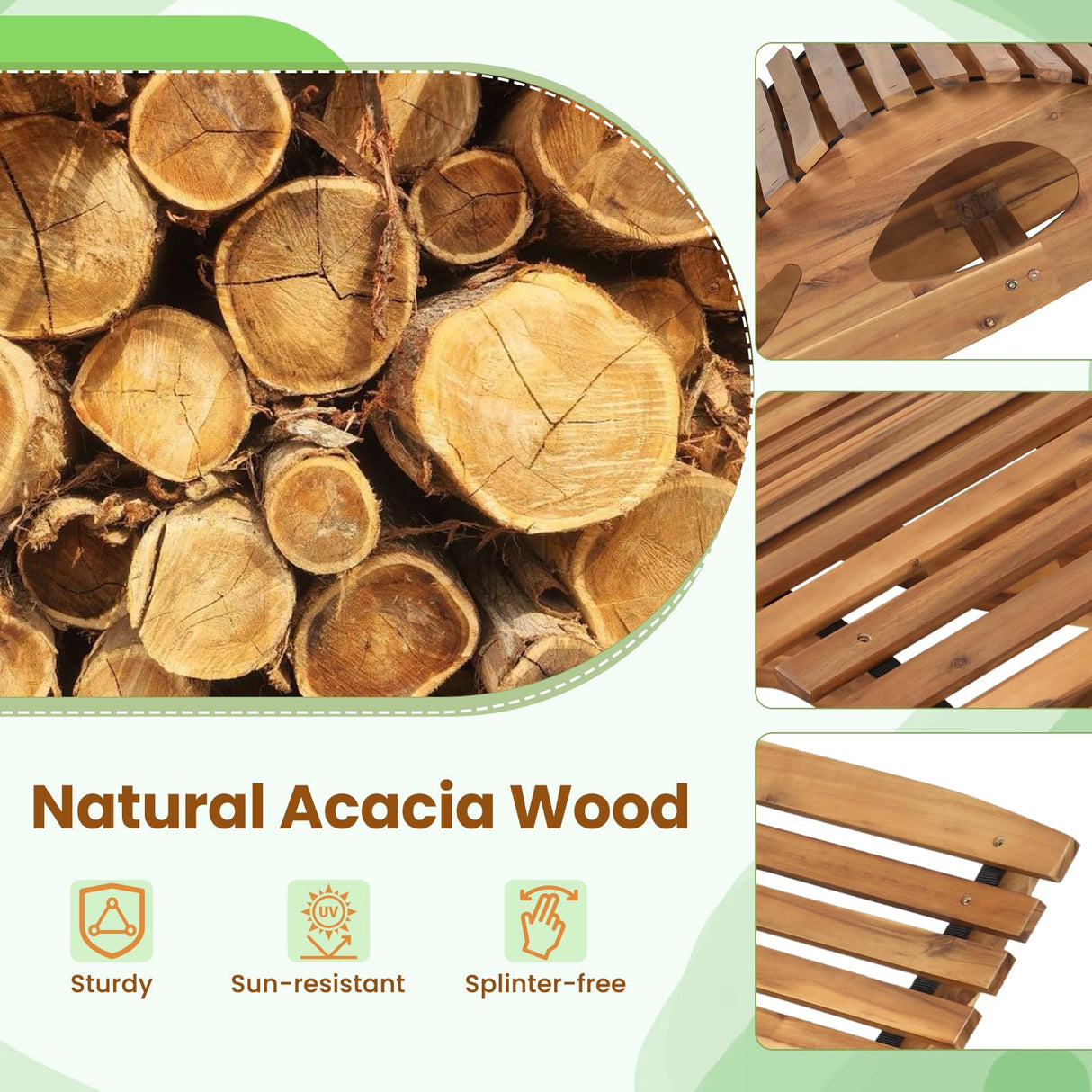 HAPPYGRILL Outdoor Acacia Wood Double Chaise Lounge, Rocking Chair with High Back, Slatted Seat, Stopper, Outside Wood Rocker for 2, 440 Lbs Capacity Sun Lounger Loveseat HAPPYGRILL