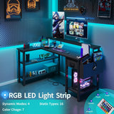 Lufeiya L Shaped Gaming Desk with Fabric Drawers and Storage Shelves, 47 inch Home Office Desk with Monitor Stand, Computer Desk with LED Lights and Power Outlets, Black Lufeiya