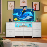 WLIVE White Dresser for Bedroom, Dresser TV Stand for 65, 70, 75 inch TV with Led Lights & Charging Station, Fabric Chest of Drawers with Open Shelves, 12 Drawer Dressers for Closet, Living Room WLIVE