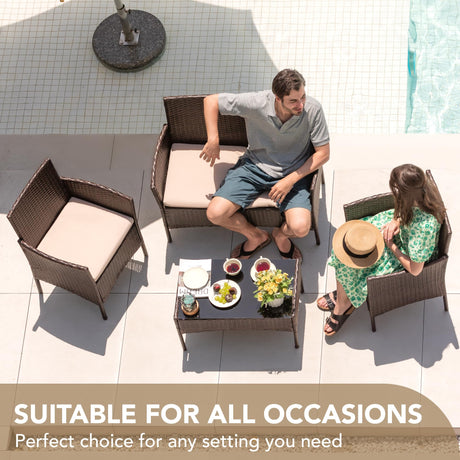 Devoko 4 Pieces Outdoor Patio Furniture Set, PE Rattan Wicker Chairs Balcony Lawn Porch Patio Furniture Sets with Beige Cushion and Table (Brown) Devoko