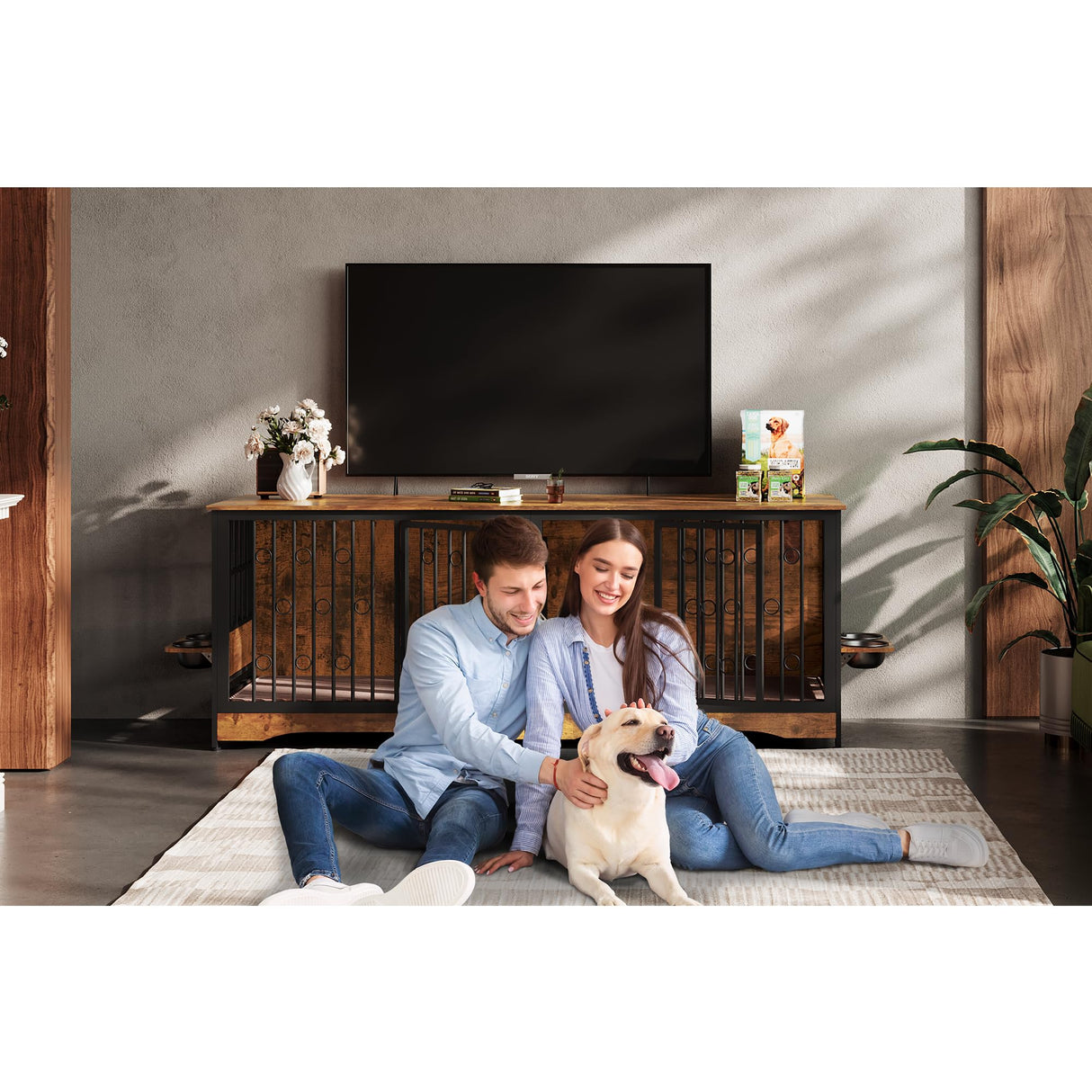 75'' Dog Crate Furniture Large Storage TV Stand with Dual Cushion / 4 Bowls/Double Rooms, Wooden Dog Kennel Dog Crate End Table with Removable Divider for Large Medium Dogs, Rustic Brown NASHZEN