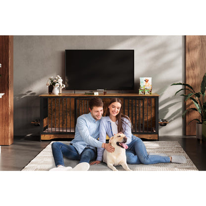 75'' Dog Crate Furniture Large Storage TV Stand with Dual Cushion / 4 Bowls/Double Rooms, Wooden Dog Kennel Dog Crate End Table with Removable Divider for Large Medium Dogs, Rustic Brown