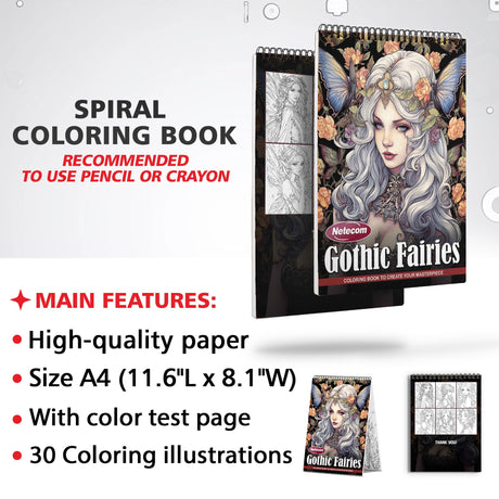 Netecom Gothic Fairies Coloring Book for Adults, Spiral Bound Edition, Softcover, 30 Intriguing Coloring Pages of Dark Fairy for Stress Relief and Relaxation Netecom