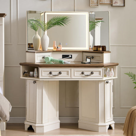 T4TREAM Makeup Vanity Desk 48" with 3 Way Mirror and Lights, Large Farmhouse Corner Vanity Dressing Table with Glass Top & Charging Station, 3 Drawers & 2 Storage Cabinets for Bedroom, Antique White T4TREAM