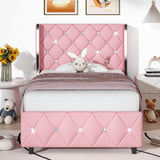 HOMBCK Twin Bed Frame, Upholstered Bed Frame with Diamond Tufted Headboard, Twin Bed Frames for Girls, Cute Princess Bed, Faux Leather, Wooden Slats Support, No Box Spring Needed, Pink HOMBCK