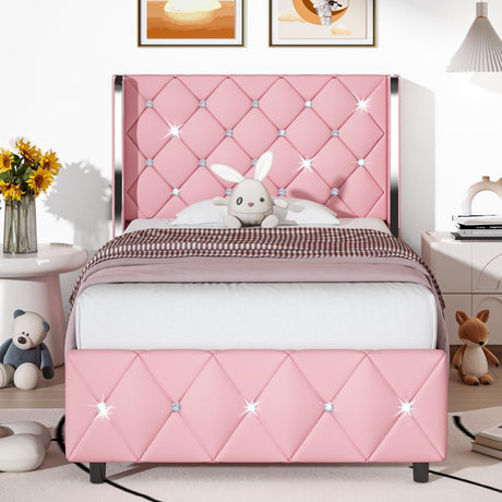 HOMBCK Twin Bed Frame, Upholstered Bed Frame with Diamond Tufted Headboard, Twin Bed Frames for Girls, Cute Princess Bed, Faux Leather, Wooden Slats Support, No Box Spring Needed, Pink HOMBCK