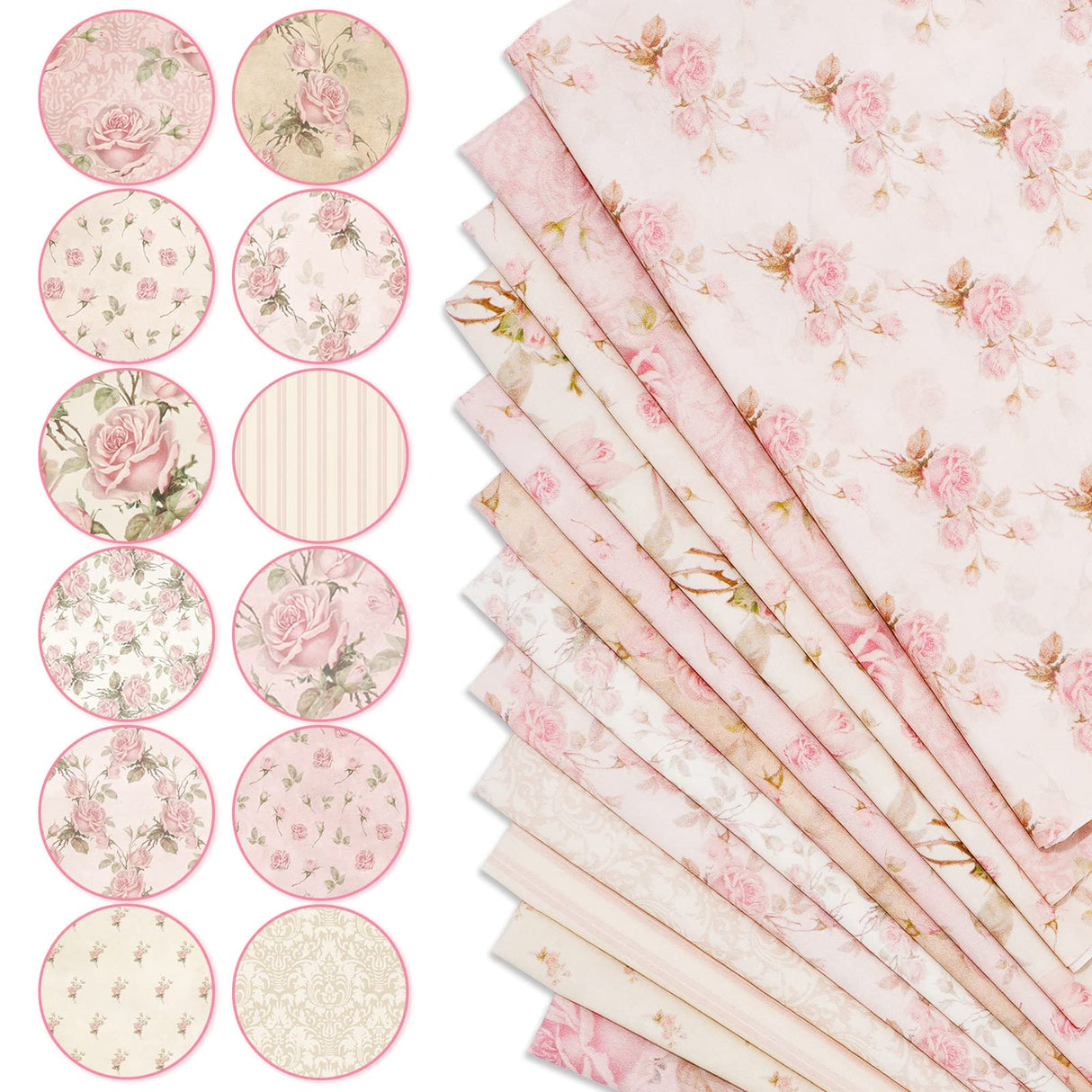 Whaline 12Pcs Spring Cotton Fabric Bundles 18 x 22 Inch Retro Floral Printed Fat Quarters Pink Flower Quilting Patchwork Squares Sewing Fabrics for DIY Handmade Crafting Home Party Decor Whaline