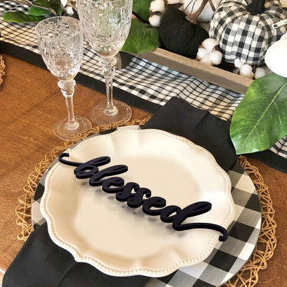 Thanksgiving Black Wooden Table Word Place Setting 5PCS Thankful Grateful Blessed Gather Home Tablescape Words Laser Cut Wood Plate Letter Sign Farmhouse Table Signs Decor Holiday Place Cards - WoodArtSupply