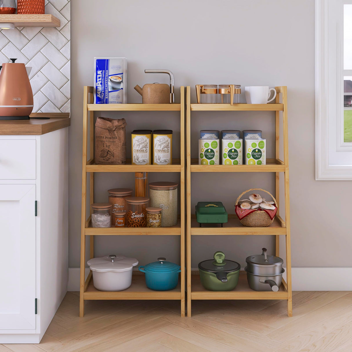 SMIBUY Bamboo Ladder Bookcase, Bathroom Storage Rack Organizer, 4 Tier and 5 Tier Freestanding Plant Display Stand Space Saver Shelves for Bedroom, Kitchen, Balcony (Natural, 4 Tiers (39" H)) SMIBUY