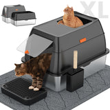 Stainless Steel Litter Box with Lid,Front Entry Top Exit Kitty LitterBox,Extra Large Enclosed Metal Cat Box with Litter Scoop & Litter Mat-Black Lobeve