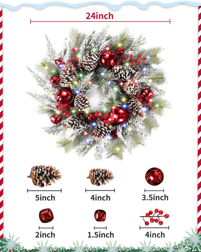 DDHS Christmas Wreaths for Front Door,24 Inch Pre-Lit Winter Wreath with Big Bells, Pine Cones, Red Berries 60 LED Lights, for Party Table Fireplaces Porch Walls New Years Christmas Home Decor-Snow