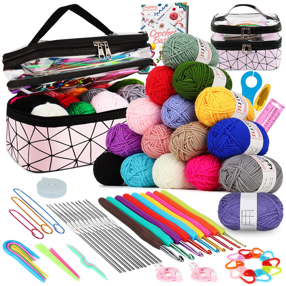 Coopay Crochet Kit for Beginners, 71PCS Crochet Starter Kit with 16 Colors Crochet Yarn & Instructions, Double-Layer Crochet Set Beginner Crochet Kit for Kids/Adults, Professional Starter Pack, Pink Coopay