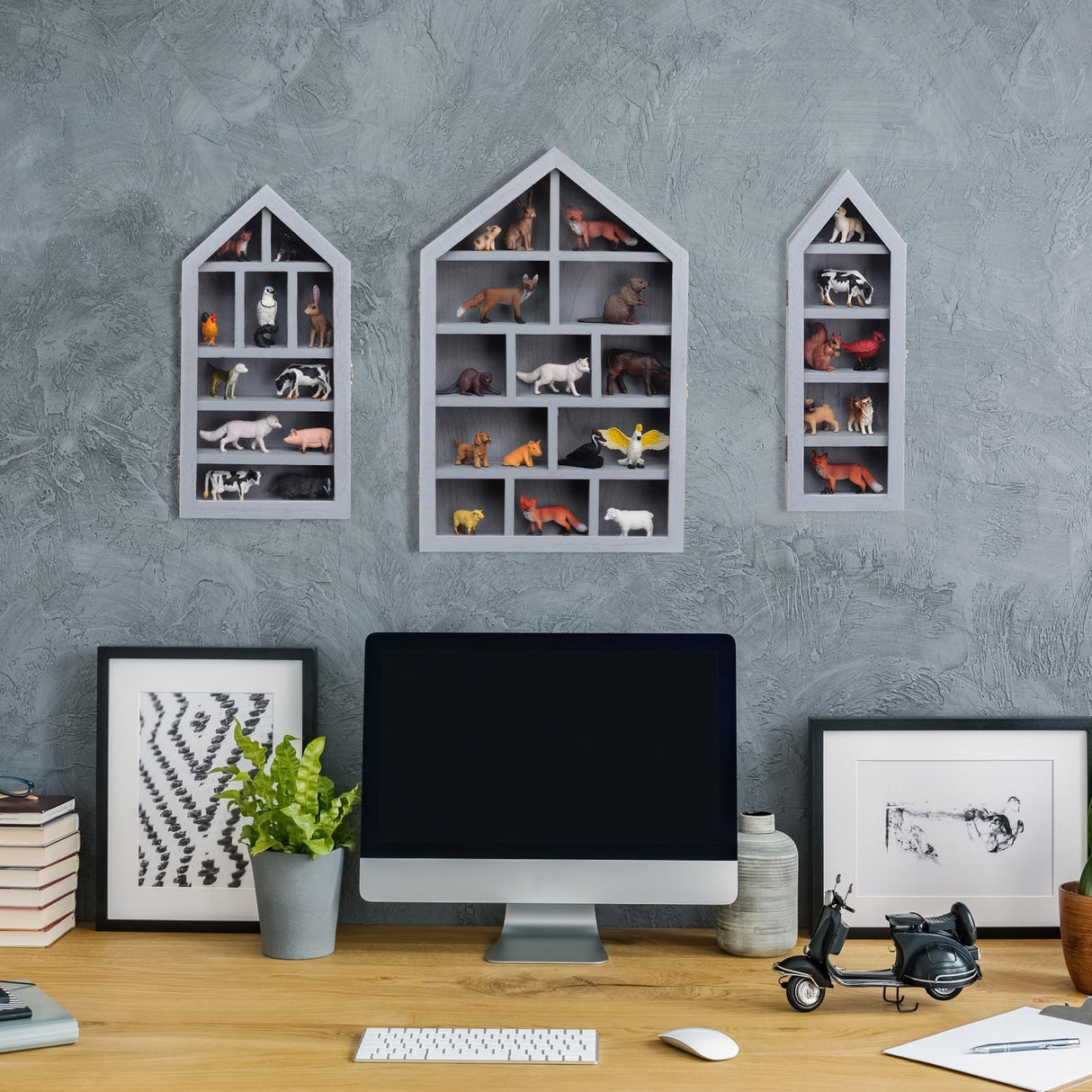 DoubleFill Set of 3 Shadow Cubby Boxes Wooden Display Shelf 10 x 15 Inch Large Wall Mounted Display Storage Shelves for Mini Figures Curio Trinket Medals Crafts Collections (Gray,House Shape) DoubleFill