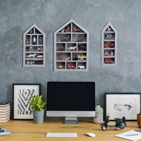DoubleFill Set of 3 Shadow Cubby Boxes Wooden Display Shelf 10 x 15 Inch Large Wall Mounted Display Storage Shelves for Mini Figures Curio Trinket Medals Crafts Collections (Gray,House Shape) DoubleFill