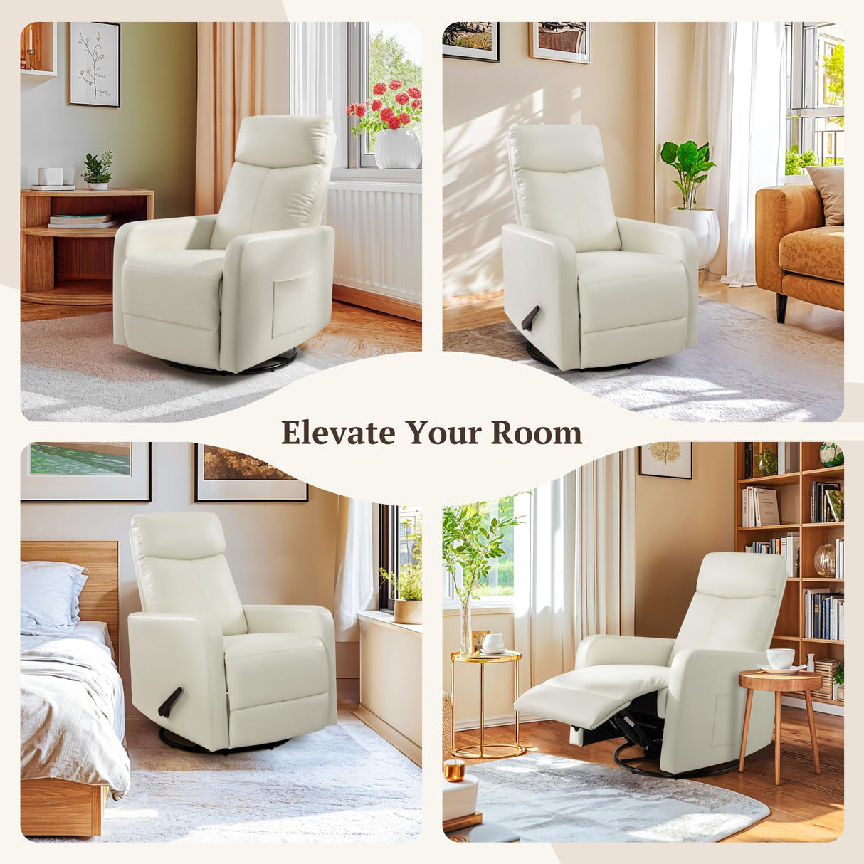 Neioml Swivel Rocking Recliner Chair for Small Space, Manual Swivel Glider Recliner for Nursery,RV,Rocking Recliner with Footrest and Side Pocket,Breathable Leather,Beige Neioml