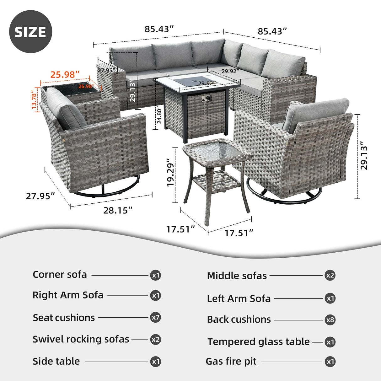 HOOOWOOO 10 Piece Modular Patio Outdoor Sectional Furniture Set with Gas Propane Fire Pit Table,Wicker Conversation Sofa Set with Swivel Chairs,Outside Couch Set(Dark Grey) HOOOWOOO